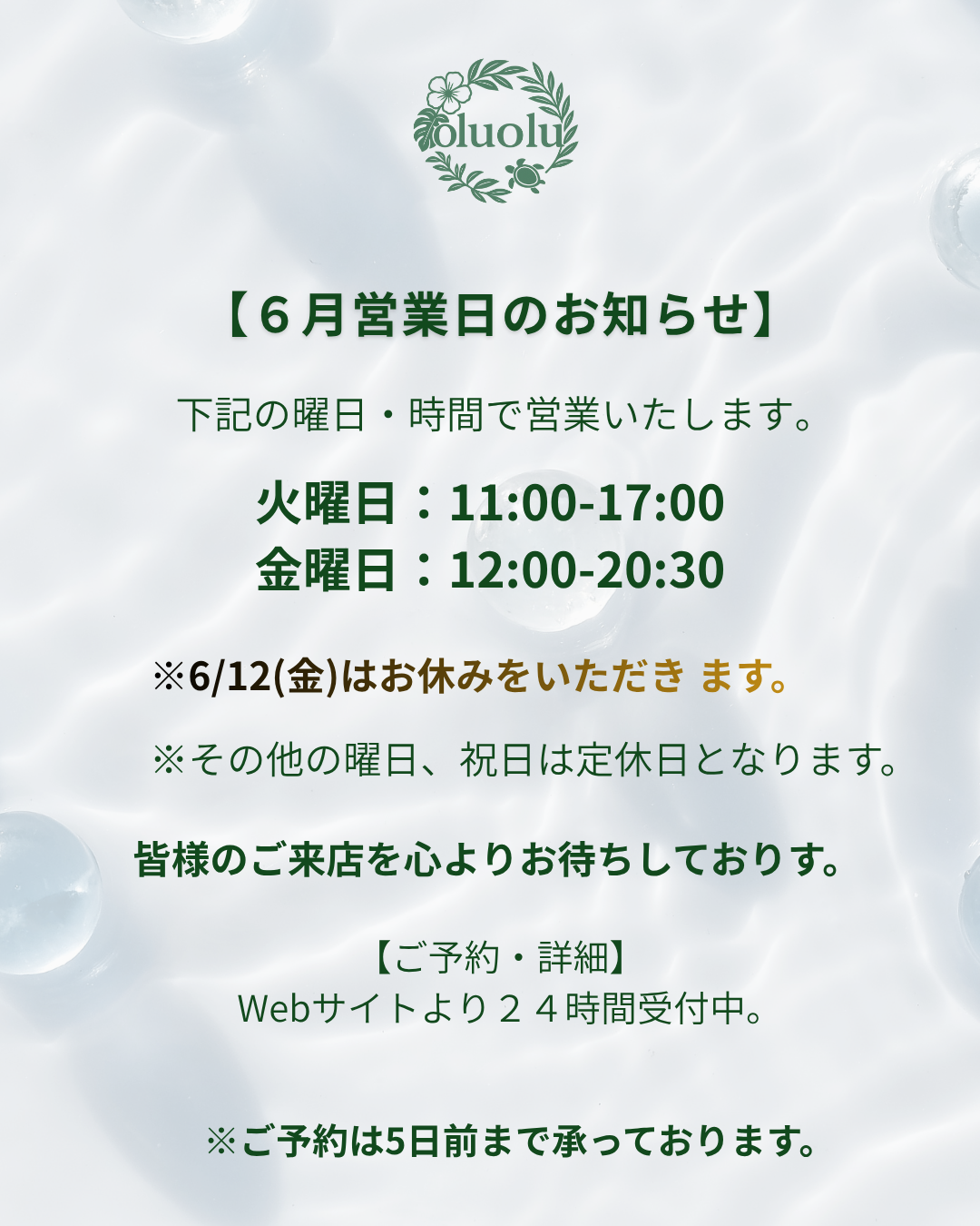 【東京アイドレナージュサロンoluolu】6月の営業日のお知らせ